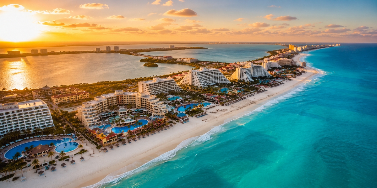 Cancun Hotel Zone family resort pool and slide area with the Caribbean nearby