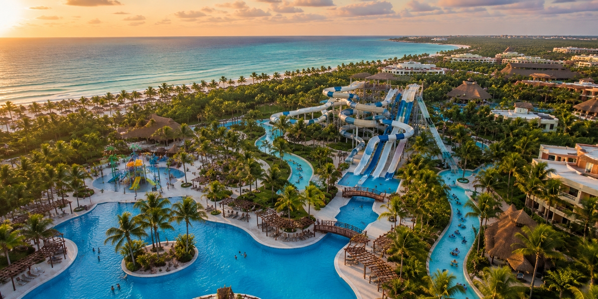 Barcelo Maya Grand Resort water park with multiple slides in the Riviera Maya