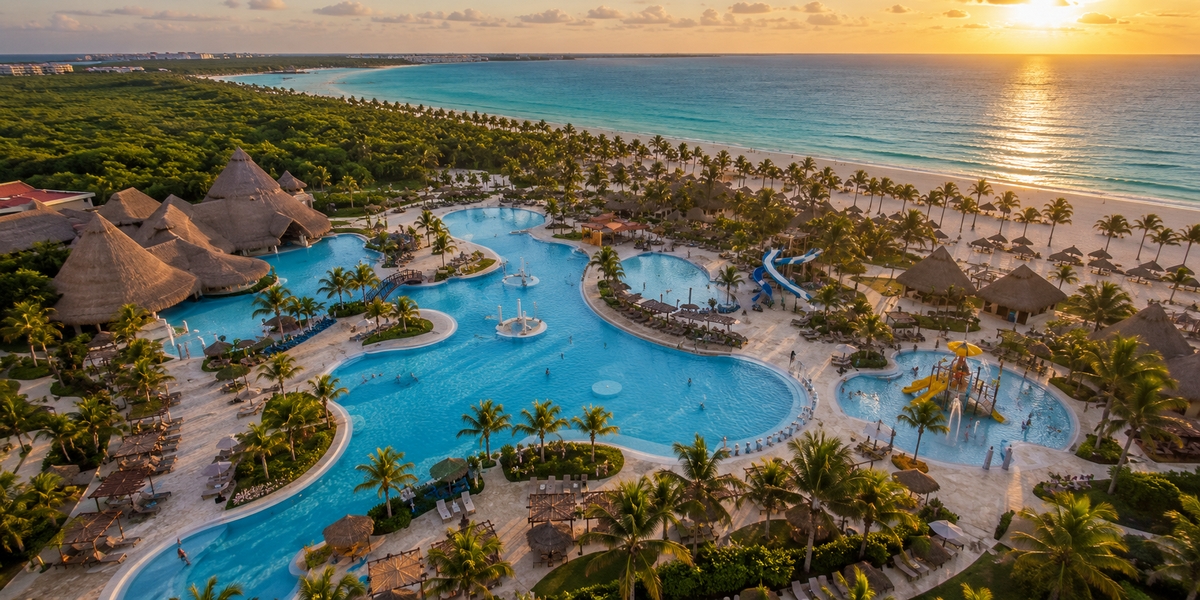 Grand Palladium Riviera Maya resort water park and pools among tropical gardens
