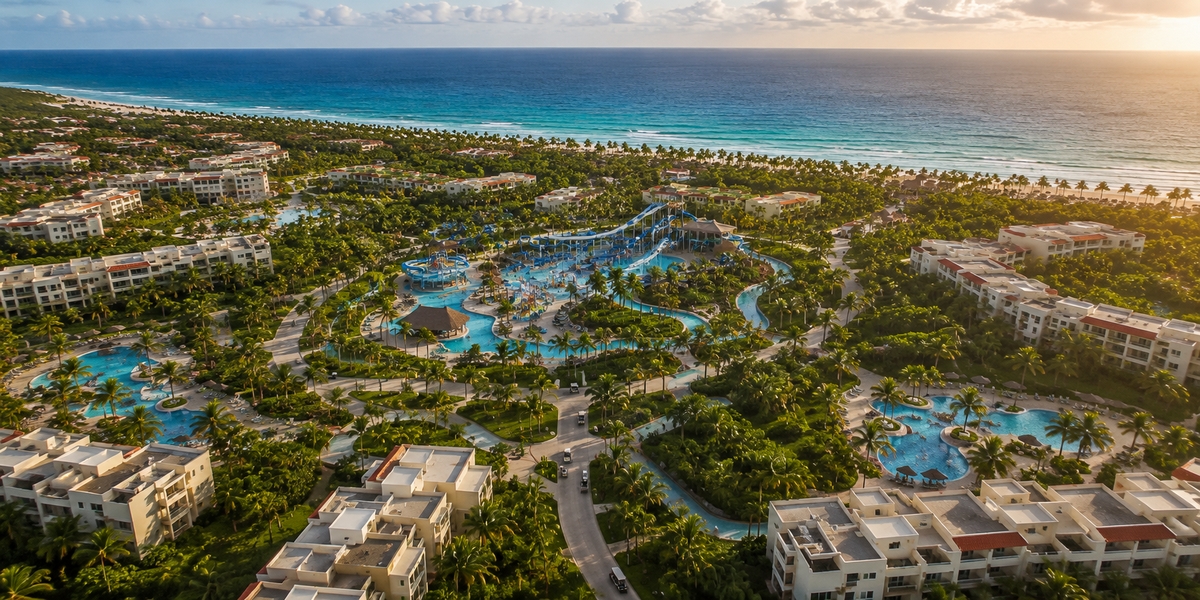Large Riviera Maya resort water park with tube slides and a lazy river