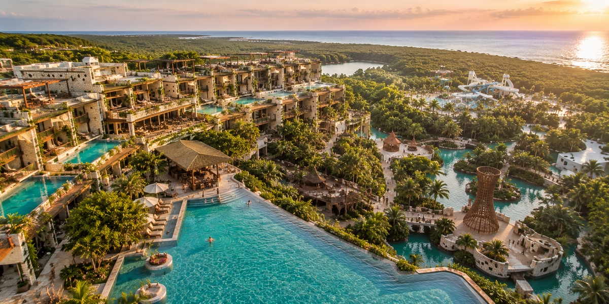 Hotel Xcaret Arte art-themed resort pools and river channels in the Riviera Maya