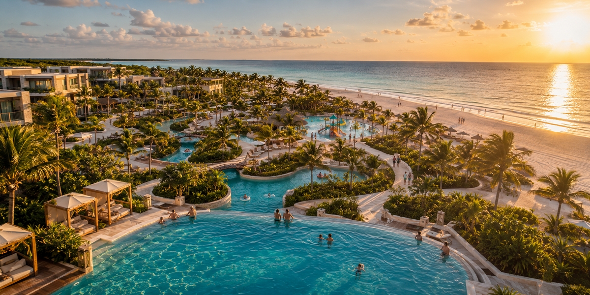 Family at a resort lazy river and slide complex in the Mexican Caribbean