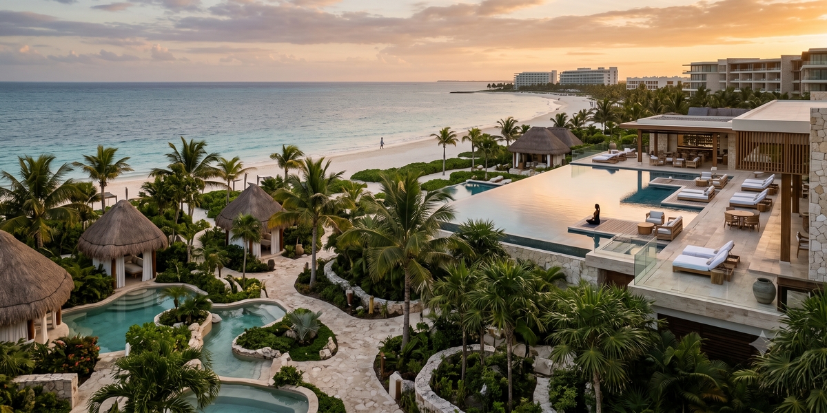 Wellness resort pool and spa area in Cancun or Riviera Maya zone