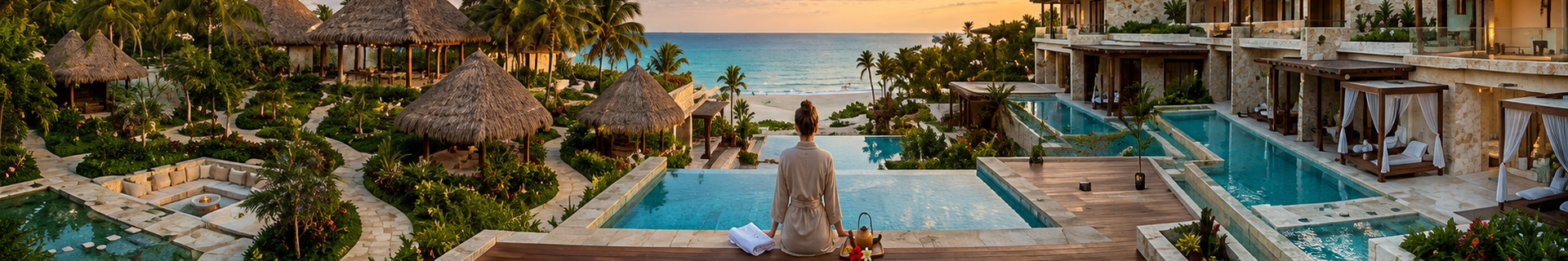 Wellness resort spa pool and beach scene in Cancun and Riviera Maya