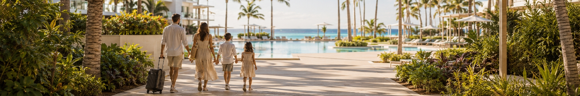 Wide Cancun family resort and beach scene used for planning a family vacation