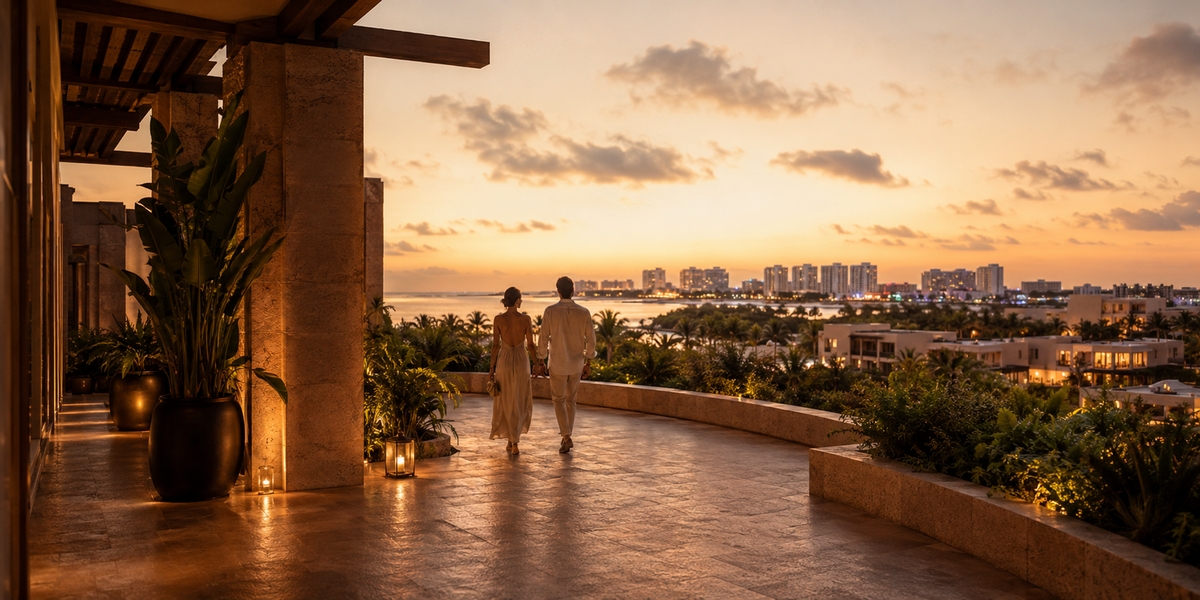 Cancun resort pool and beach setting used to compare couples resort areas