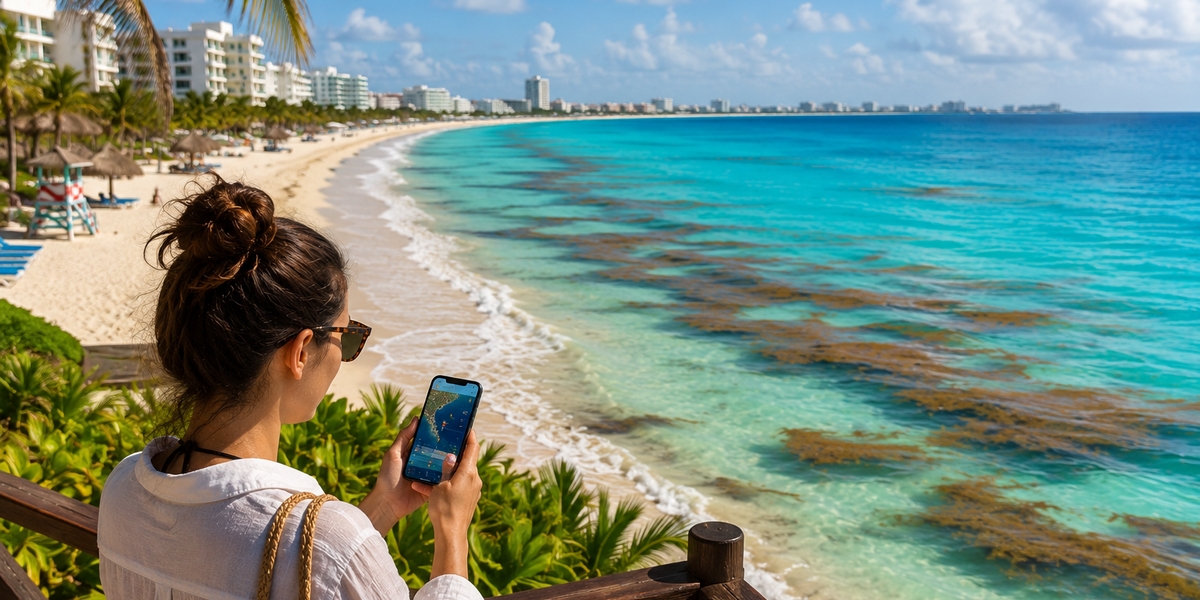 Riviera Maya shoreline with seasonal sargassum showing why exposed east-facing beaches collect more seaweed