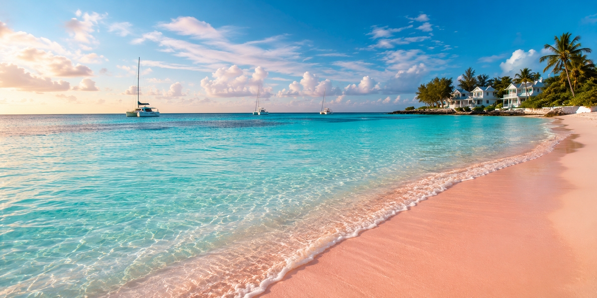 Pink-tinged Bahamian sand and clear shallow water on a quiet beach