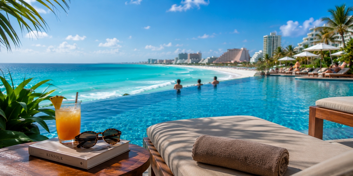 Cancun Hotel Zone all-inclusive resort beachfront with loungers and turquoise water