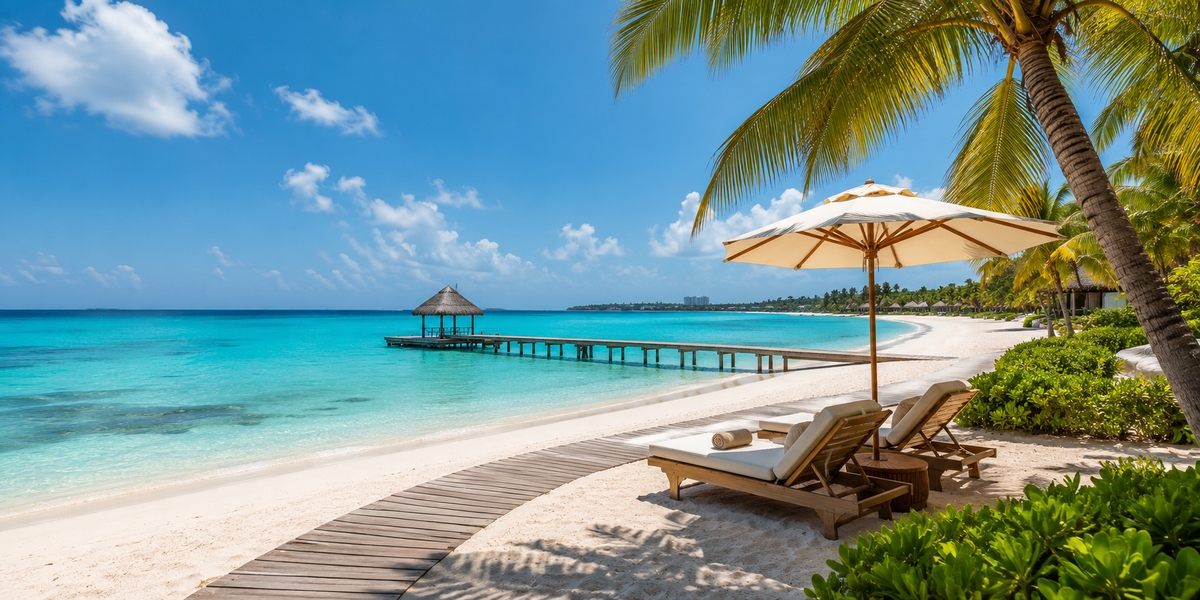 A calm Jamaican resort beach area with loungers and palm trees