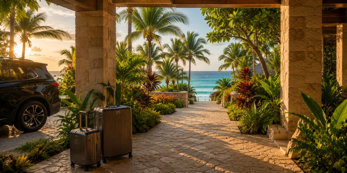 Airport and resort scene illustrating flight and cost differences between Cancun and Jamaica