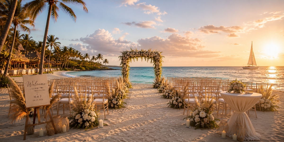 Beachfront ceremony setup in Cancun and the Riviera Maya for a destination wedding