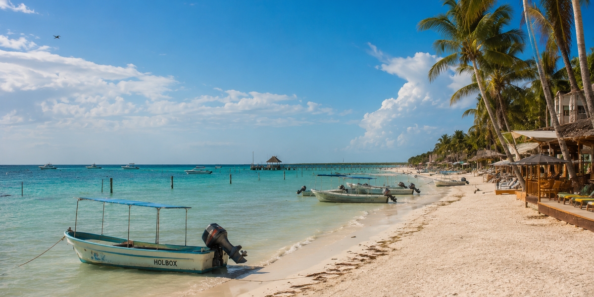 Golden-hour view over Holbox's calm shallow water with a hammock in the sea