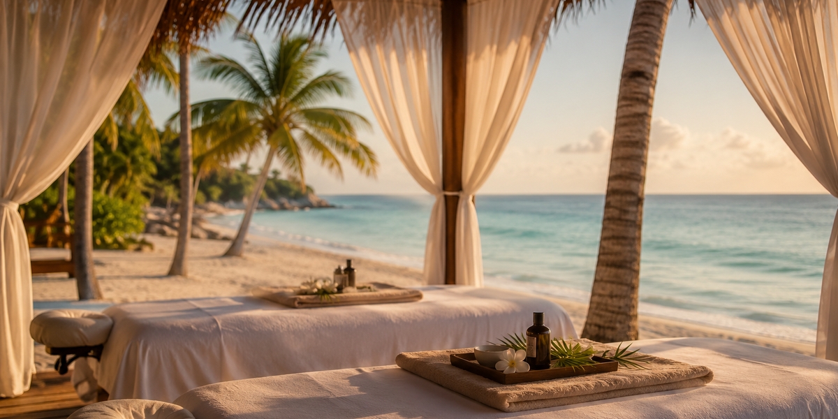 A relaxing wellness setting with massage tables by the beach