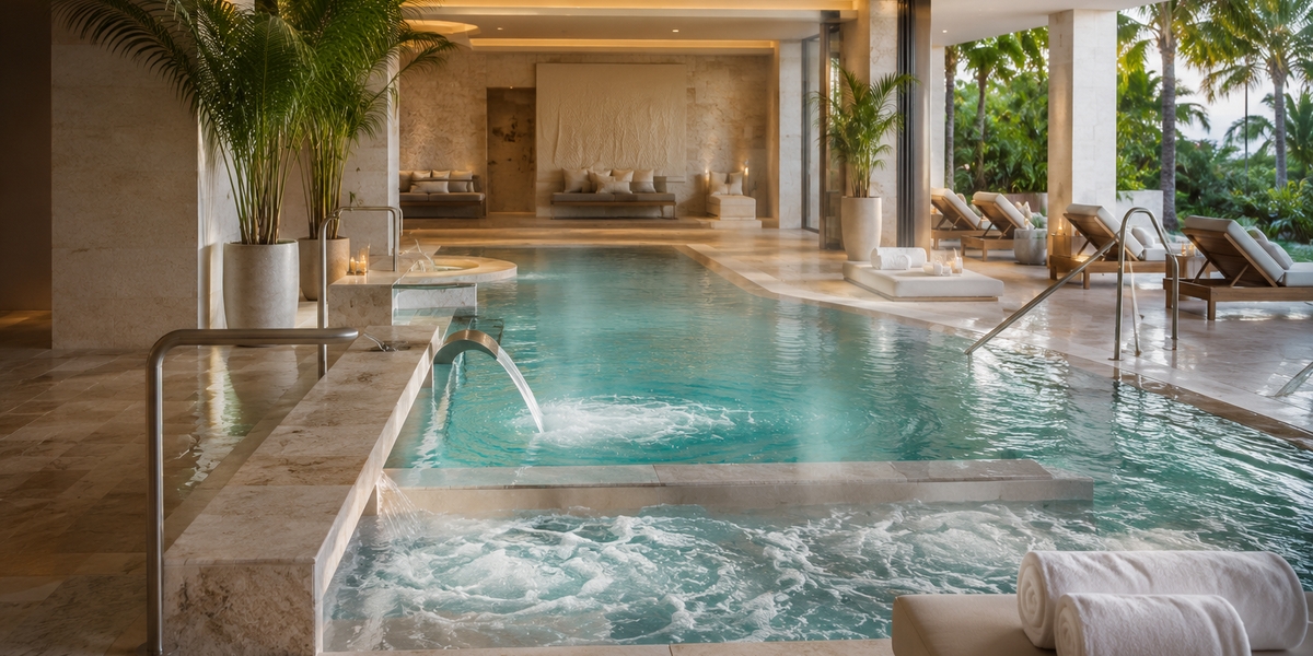 A luxurious hydrotherapy pool inside a Cancun resort spa
