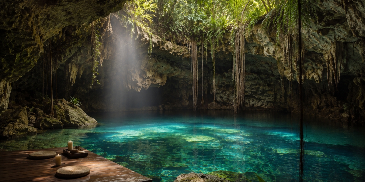 A quiet cenote used for meditation and sound healing