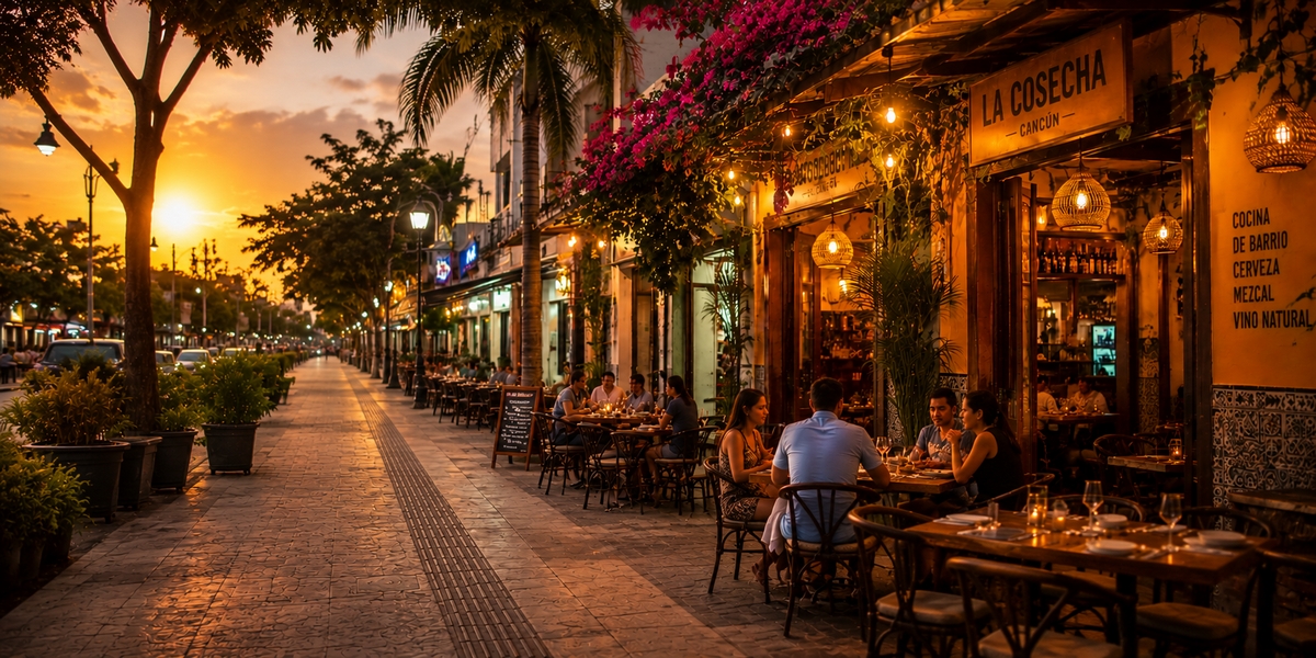 Downtown Cancun street with local restaurants and food stalls in El Centro