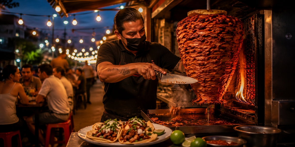 Tacos al pastor being prepared at a local Cancun taqueria with a vertical trompo