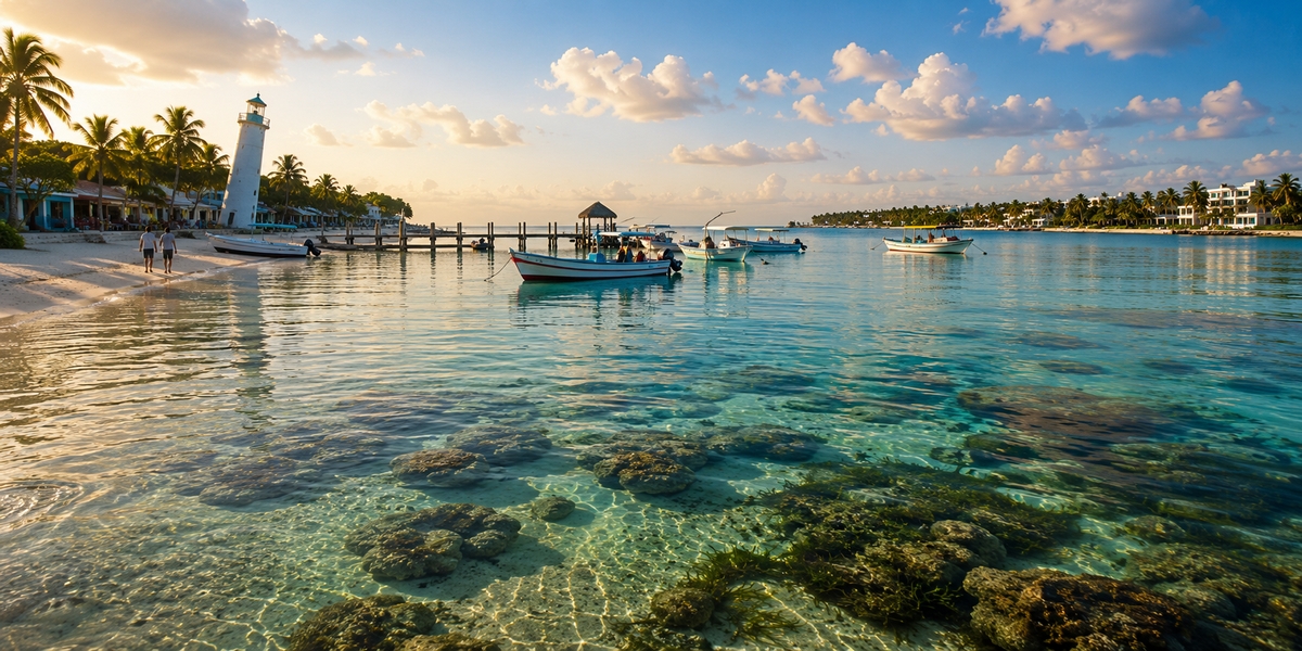 Calm reef-protected water and beach in Puerto Morelos with fishing boats near the town pier
