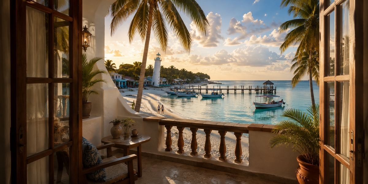 Beachfront hotel terrace by the sand in Puerto Morelos town near the main square