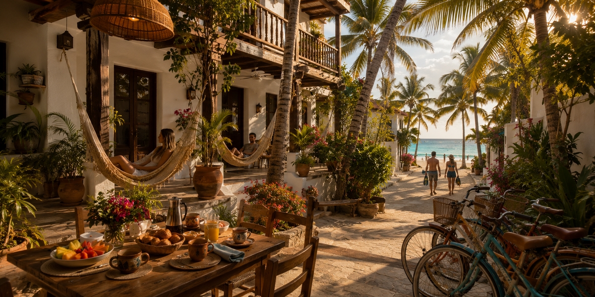 Small guesthouse courtyard with palms and hammocks in Puerto Morelos