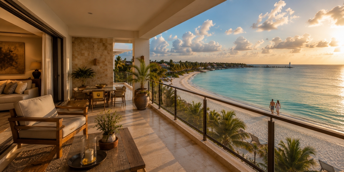 Upscale suite building with pools by a calm beach on the northern edge of Puerto Morelos