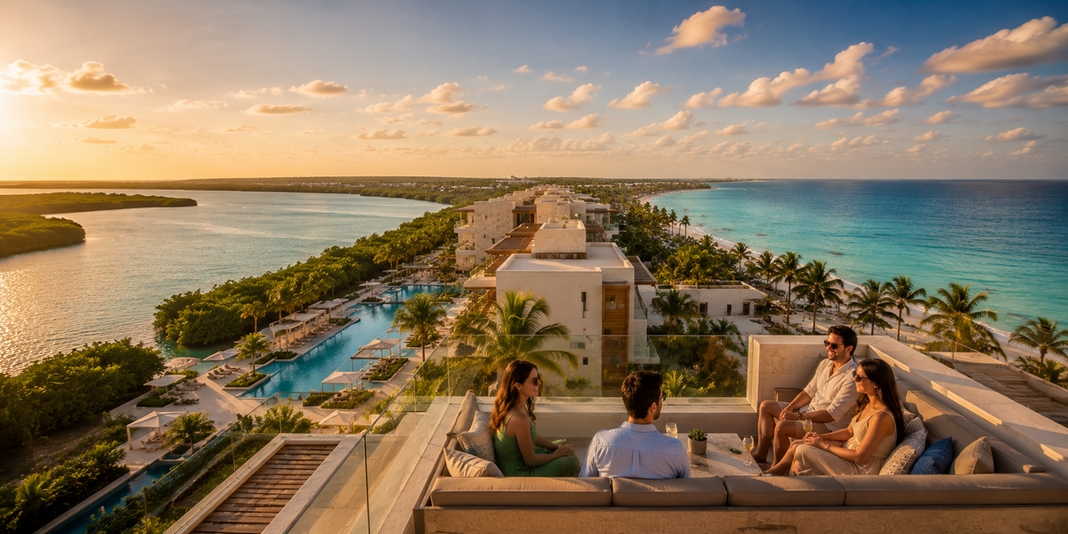Large resort complex between lagoon and Caribbean beach in the Riviera Cancun corridor