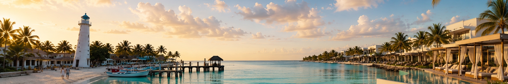 Puerto Morelos shoreline with calm reef-protected water, used for choosing between town hotels and resorts